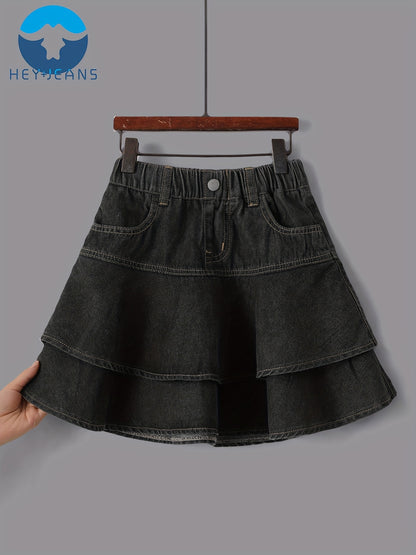 Tiered Ruffle Skirt - Soft Cotton Denim, Stretchy Elastic Waistband, Adorable Button Accents - Perfect for Girls, Latest Summer  Fashion, Cute and Playful Style, Youthful Casual Wear