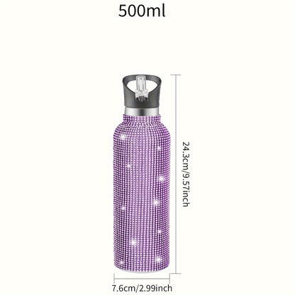 1pc Sparkling Studded Insulated Water Bottle - Stainless Steel Vacuum Flask with Lid for Hot and Cold Drinks - Portable, Leak-Proof, and Sweat-Free Design for Home, Outdoor, and Sports Use - Perfect Gift for Men and Women - 500ml/750ml