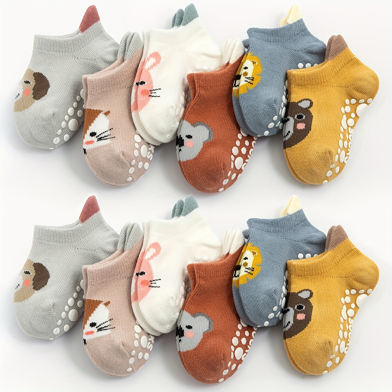 12 Pairs Of Boy's Adorable Cartoon Animals Pattern Floor Socks With Non Slip Grains, Comfy Breathable Casual Soft & Elastic Socks, Spring & Summer