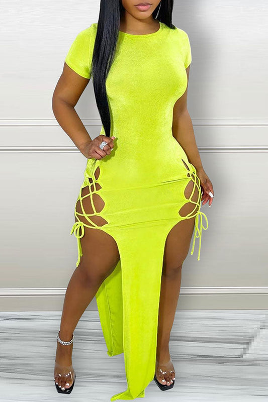 storexq Solid Color Striking Cutout Strappy High Split Midi Dress