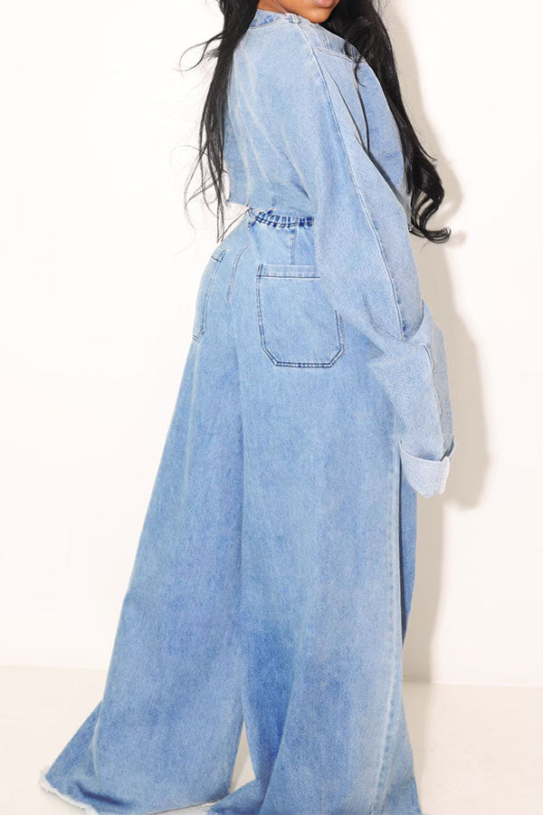 storexq Solid Color Stylish Wide Leg Denim Pant Suit