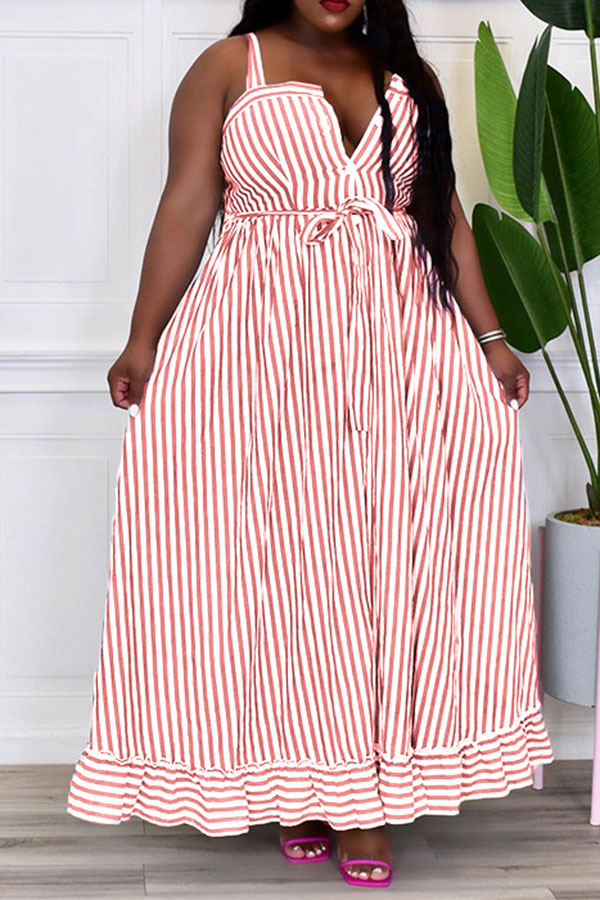 storexq Striped Classic Button Down Belted Midi Dress