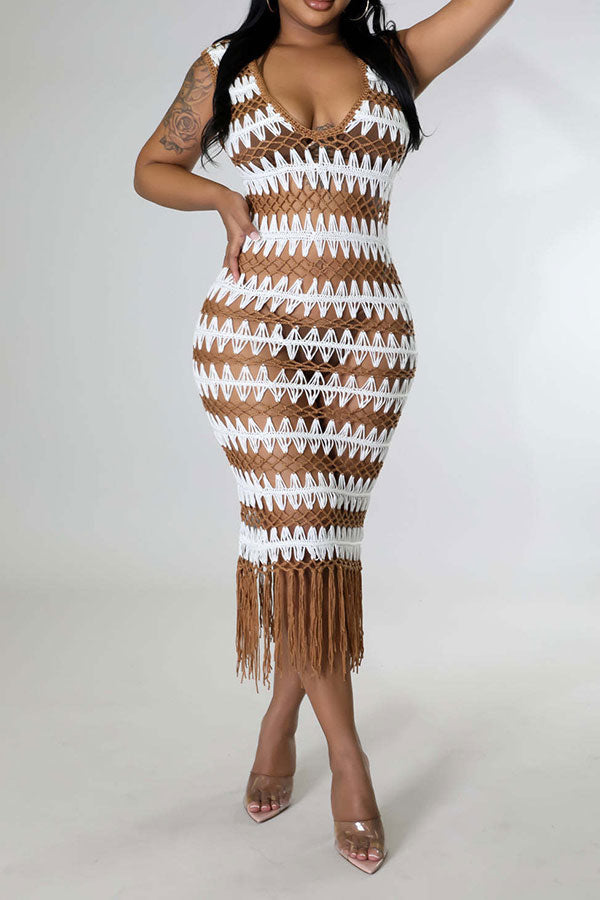 namcoverse Wavy Lines Crochet Cutout Stunning Tassel Midi Dress Beachwear