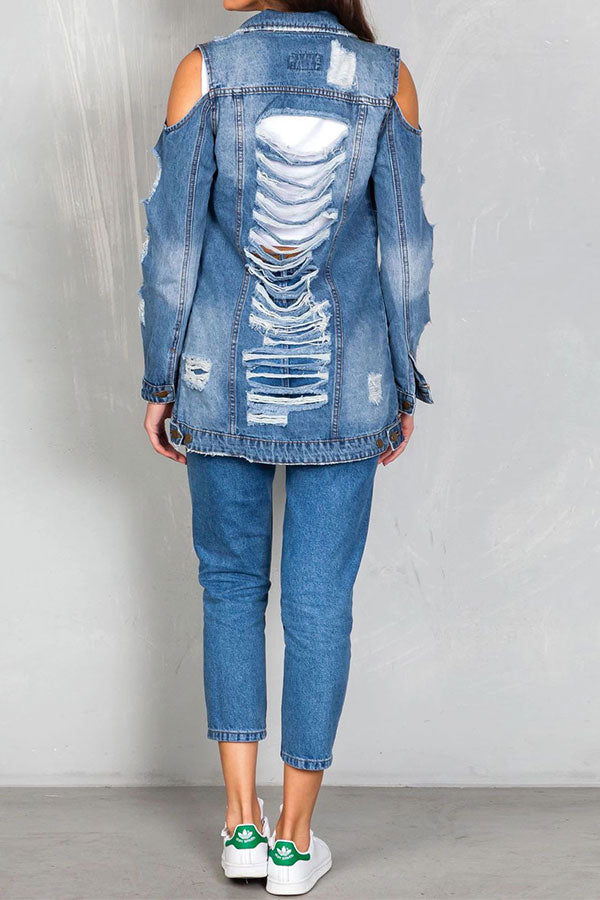 storexq Ripped Cold Shoulder Urban Gradient Denim Coat