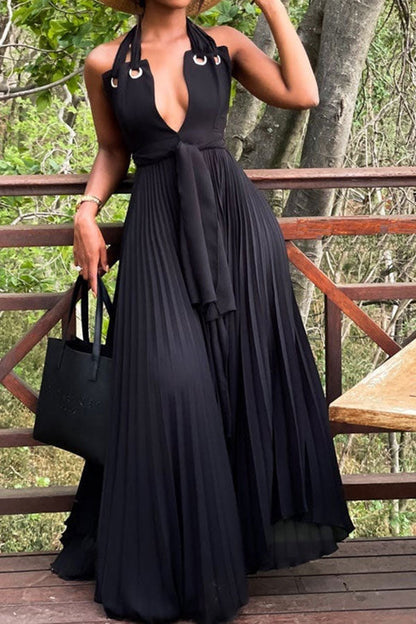 namcoverse Black Halter Collar Stunning Lace-Up Pleated Swing Maxi Dress