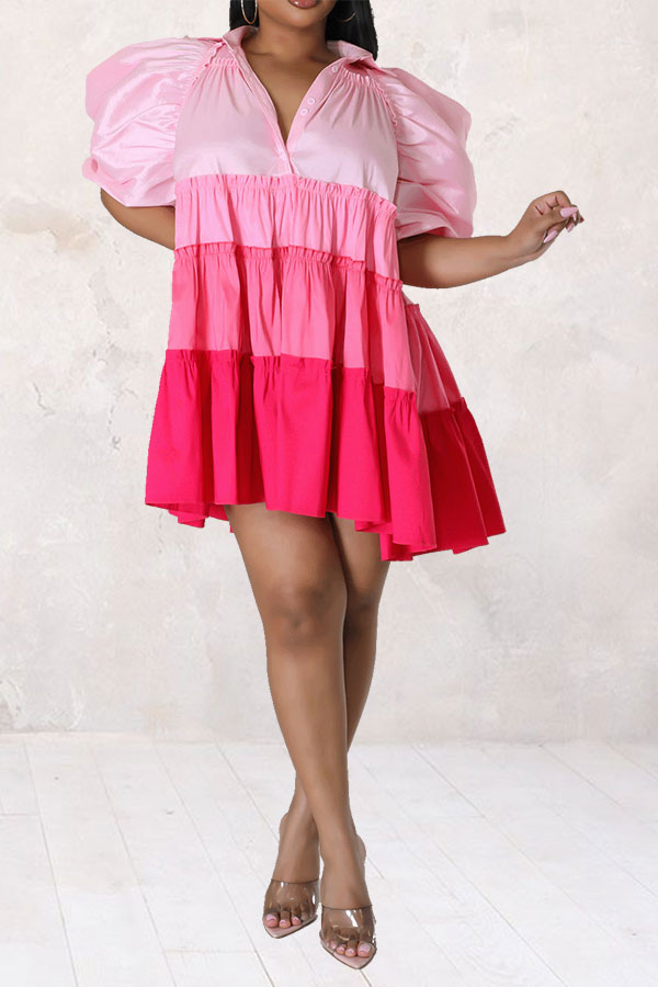 storexq Color Block Cute Tiered Ruffle Mini Dress