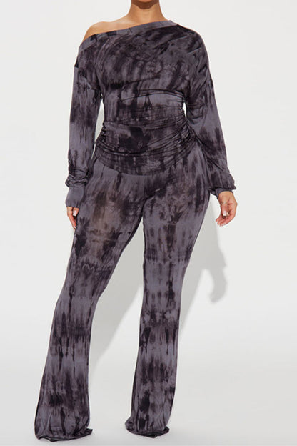 storexq Splash Ink Print Slash Neck Modern Ruched Pant Suit