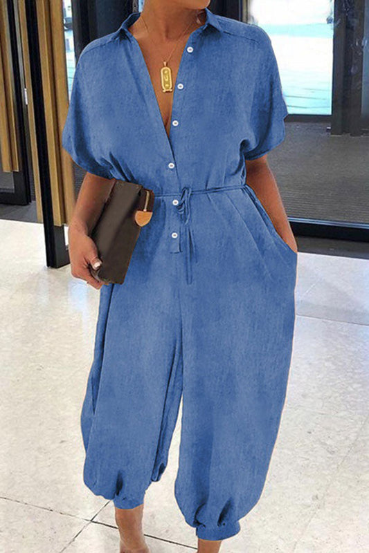 storexq Solid Color Boyish Single Breasted Demin Jumpsuit