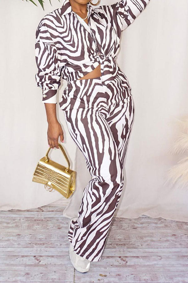 storexq Zebra Print Shirt Collar Stylish Pant Suit