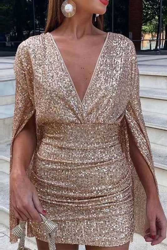 storexq Sequined Glittery Cape Sleeve Mini Dress