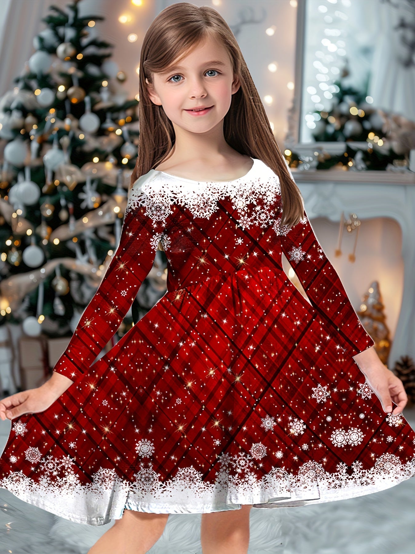 Stunning Plaid & Snowflake Print Long Sleeve Christmas Dress - Red Festive Party Wear for Girls - Winter Holiday Outfit for Special Occasions