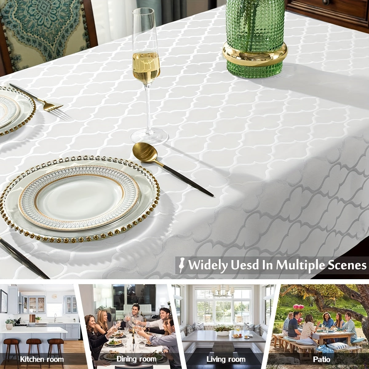 1pc Premium White Rectangle Waterproof Tablecloth - Durable Jacquard Design, Stain & Spill-Proof, Wrinkle-Resistant, Washable - Perfect for Dining, Parties, Indoor & Outdoor Events - Adds Elegance to Any Table Setting