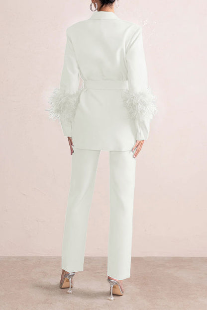 storexq Solid Color Feather Trim Elegant Belted Pant Suit