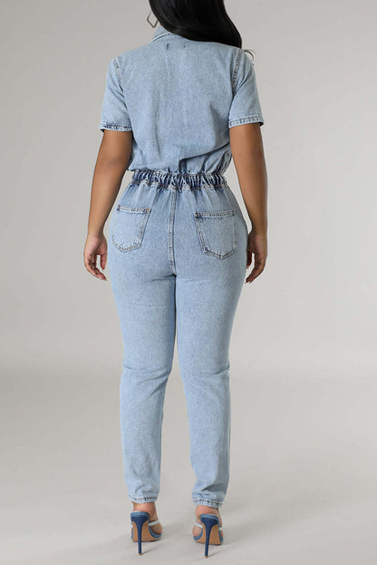 storexq Washed Denim Feminine Pocket Button Down Jumpsuit