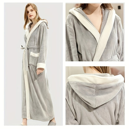 1pc Autumn And Winter Bathrobe, Soft And Skin-friendly Hooded Long Sleeve Bathrobe, Thickened Nightgown With Pocket, Warm Long Robe For Home, Bathroom Supplies