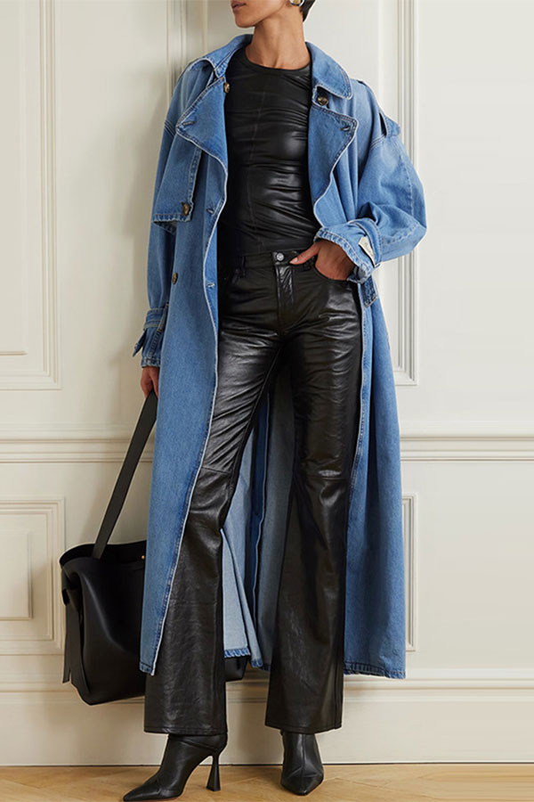 storexq Washed Gradient Denim Feminine Belted Trench Coat