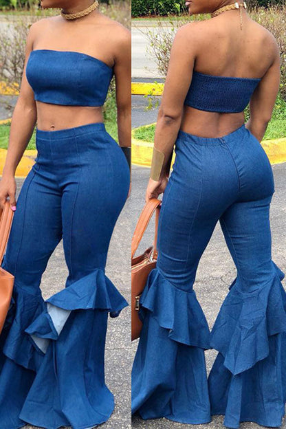 storexq Bandeau Ruffled Denim Pants Suit