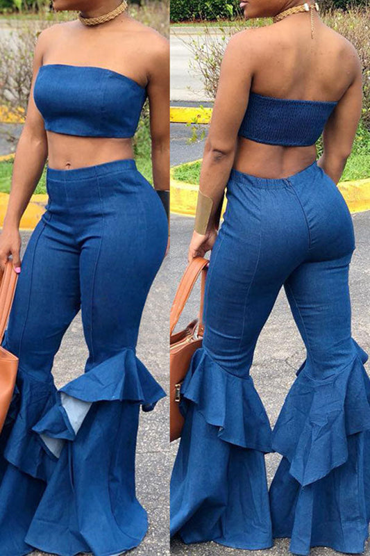 storexq Bandeau Ruffled Denim Pants Suit