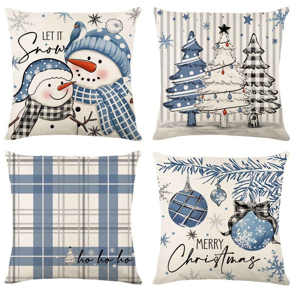 4pcs/set Christmas Pillow Covers, Cute Square Cushion Covers, Blue Style Merry Christmas Text Pattern Throw Pillow Covers, Christmas Tree, Jingle Bell & Santa Claus Cushion Case, Ideal For Home Sofa Living Room Winter Holiday Decor, 17.7x17.7 Inch