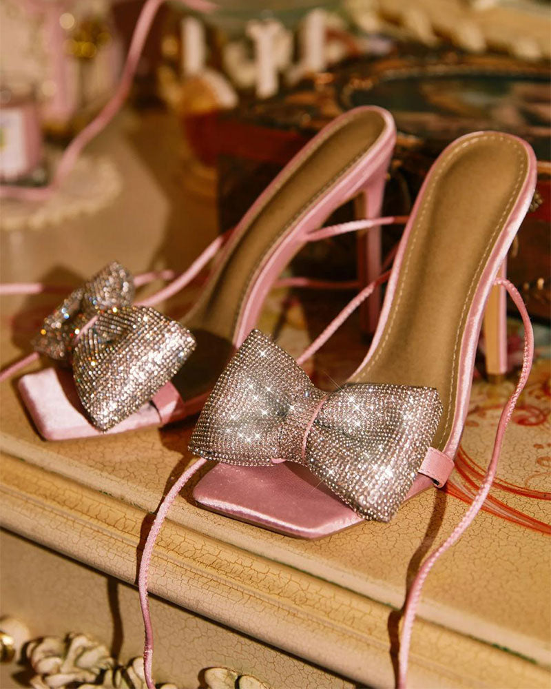 storexq Rhinestone Bow Stunning Square Toe Sandals