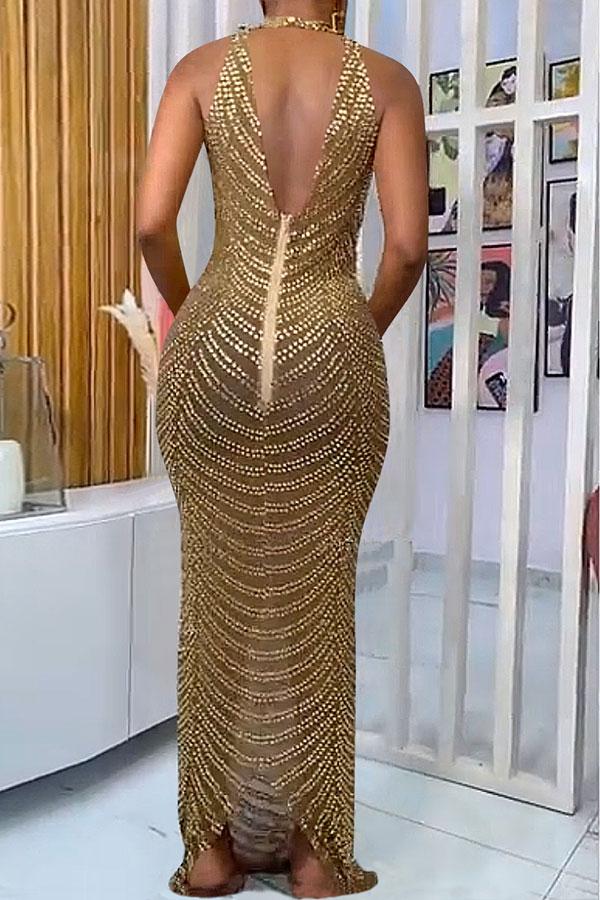 namcoverse Rhinestone Party Back Split See-Through Maxi Dress