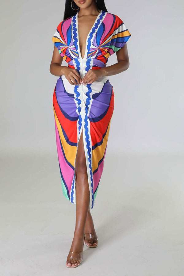 storexq Tribal Print Feminine Draped High Split Midi Dress