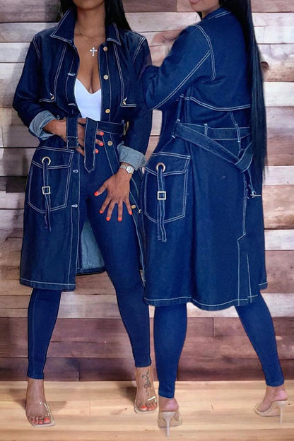 storexq Patchwork Classic Belted Denim Trench Coat