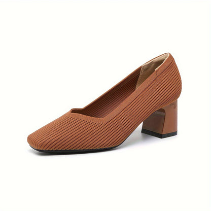 Chic Square-Toe Knitted Pumps - Comfortable Chunky Heel - Versatile Solid Colors - Perfect for Office Wear