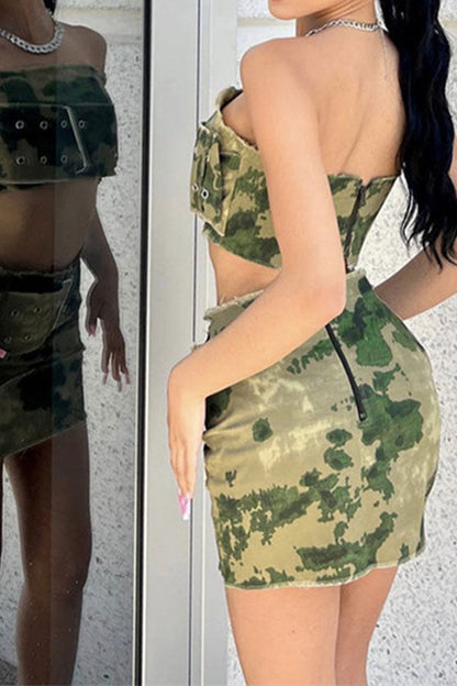 storexq Camouflage Hot Buckled Design Skirt Suit