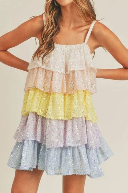 storexq Color Block Sequined Sweet Tiered Ruffle Mini Dress