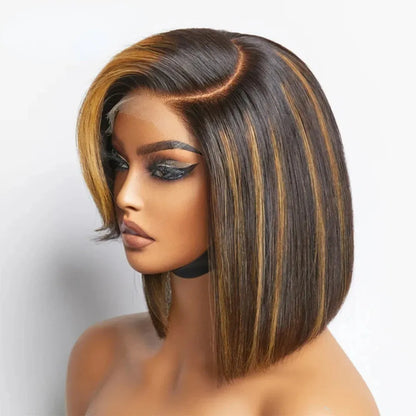 Brazilian Straight Short Bob Wigs Curly Styled Bangs Lace Frontal Human Hair Wigs Ombre Honey Blonde Colored Lace Frontal Wig Preplucked