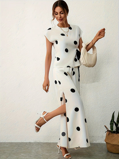 Fashionable Polka Dot Pantsuit Outfit - Soft Crew Neck Top with Back Keyhole & Knot Detail, High Waist Split Pants - A Stylish, Comfortable Wardrobe Staple for Trendy Women