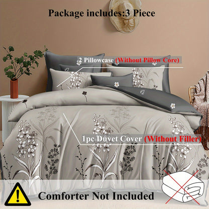 3-Piece Soft Grey Plant Printed Duvet Cover Set - Comfortable, Breathable, and Hypoallergenic Bedding for Bedroom and Guest Room - Includes 1 Duvet Cover and 2 Pillowcases, Without Core, Perfect for Ramadan