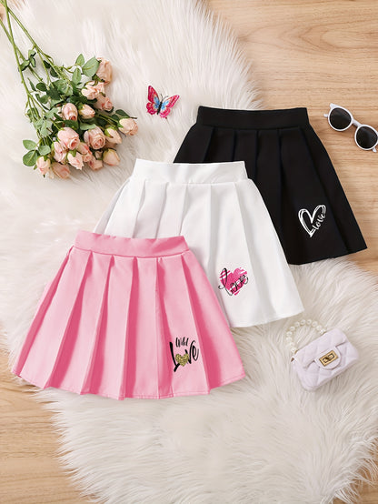 3pcs Girls Heart Graphic Pleated Skirt Set Preppy Style Party Gift