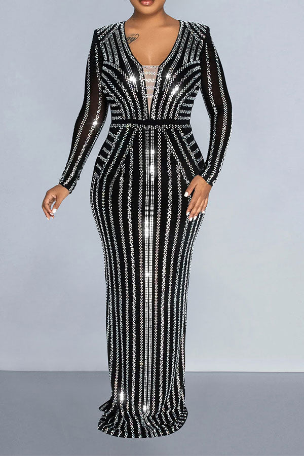 namcoverse Striped Rhinestone Glittery Slit Back Maxi Dress