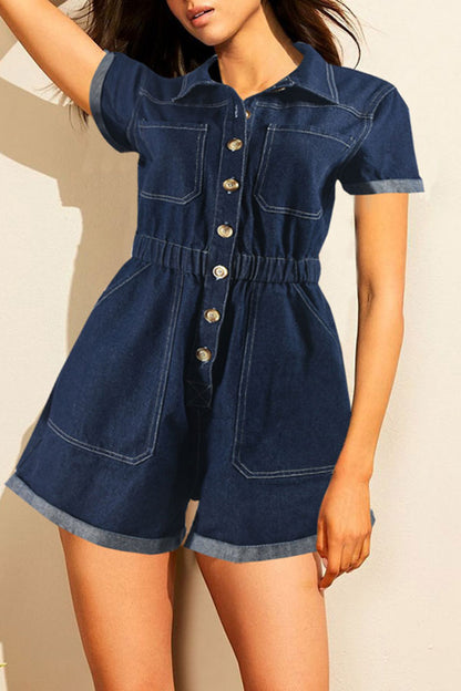 storexq Washed Denim Smart Pocket Button Romper