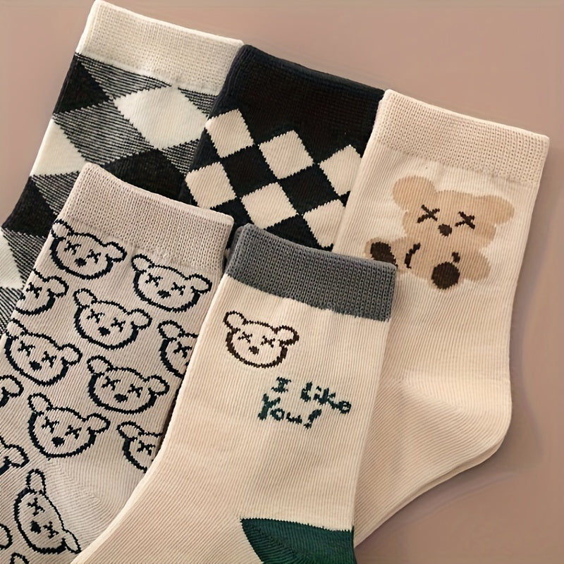 5 Pairs Of Boy's Trendy Cartoon Checkered Crew Socks, Breathable Comfy Casual Style Unisex Socks For Kids Outdoor All Seasons Wearing