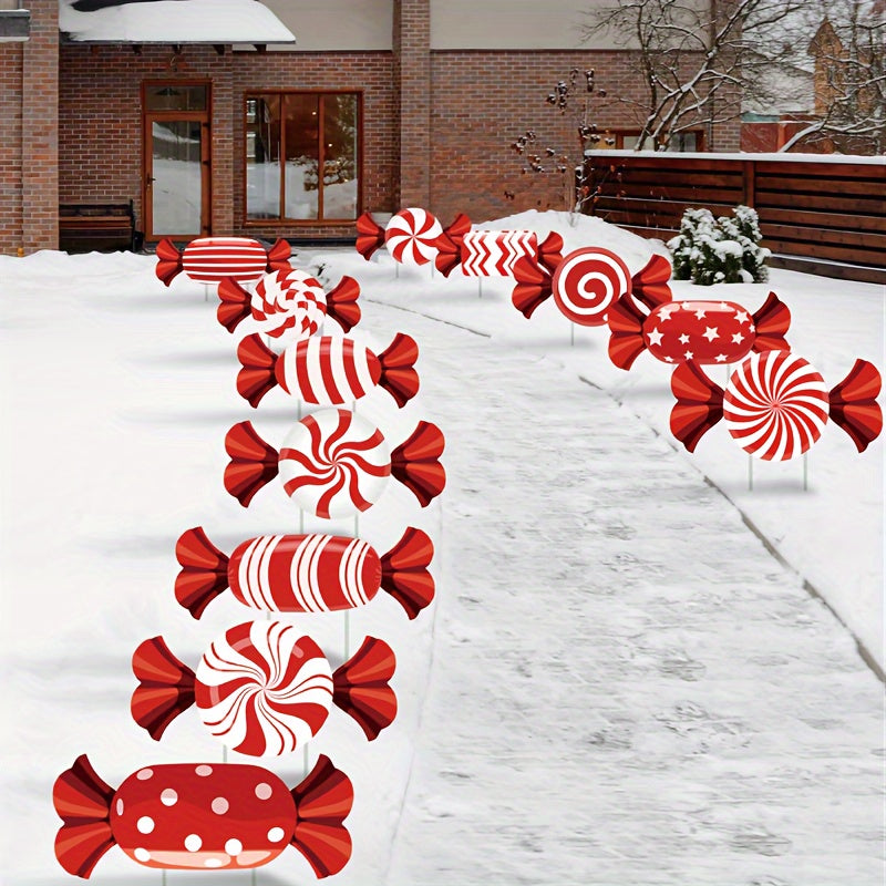 12pcs Christmas Candy Lawn Signs Set - Waterproof Corrugated Cardboard, Perfect for Holiday Garden & Pathway Decor, Christmas Decor