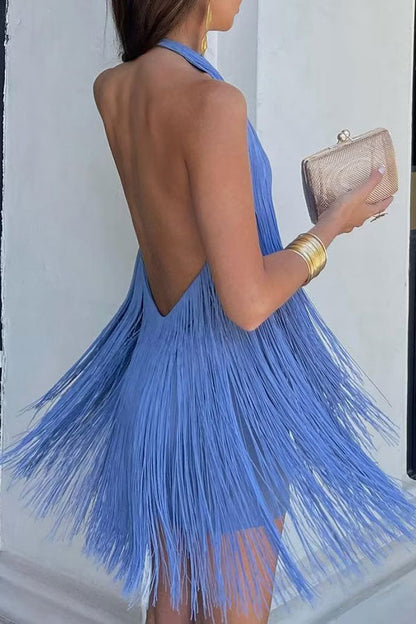 storexq Solid Color Feminine Backless Tassel Mini Dress