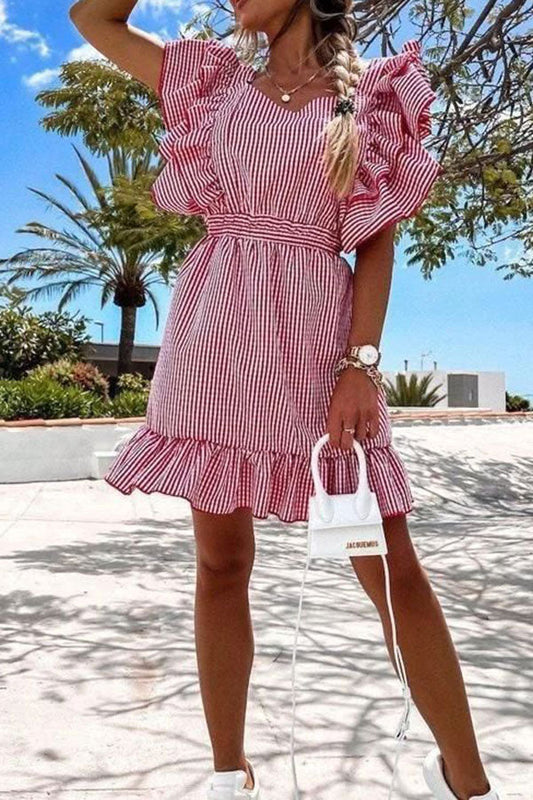 storexq Striped Sweet Ruffle Tie Back Mini Dress