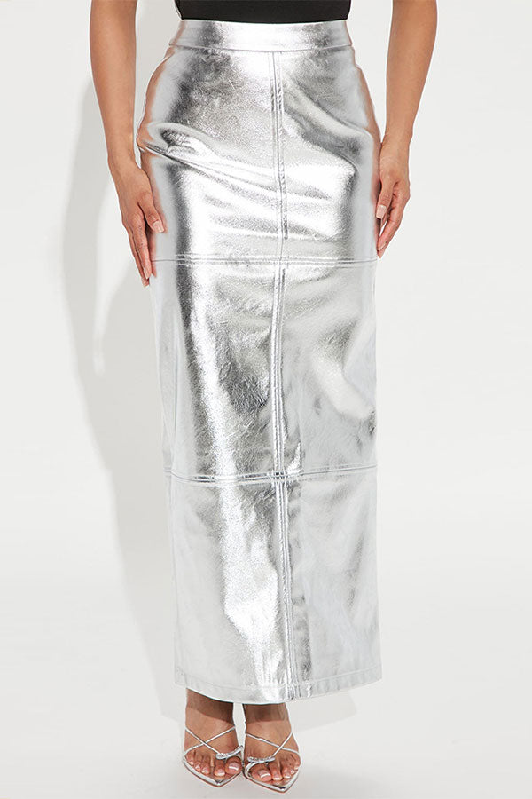 storexq Metallic Bright Split Back PU Skirt