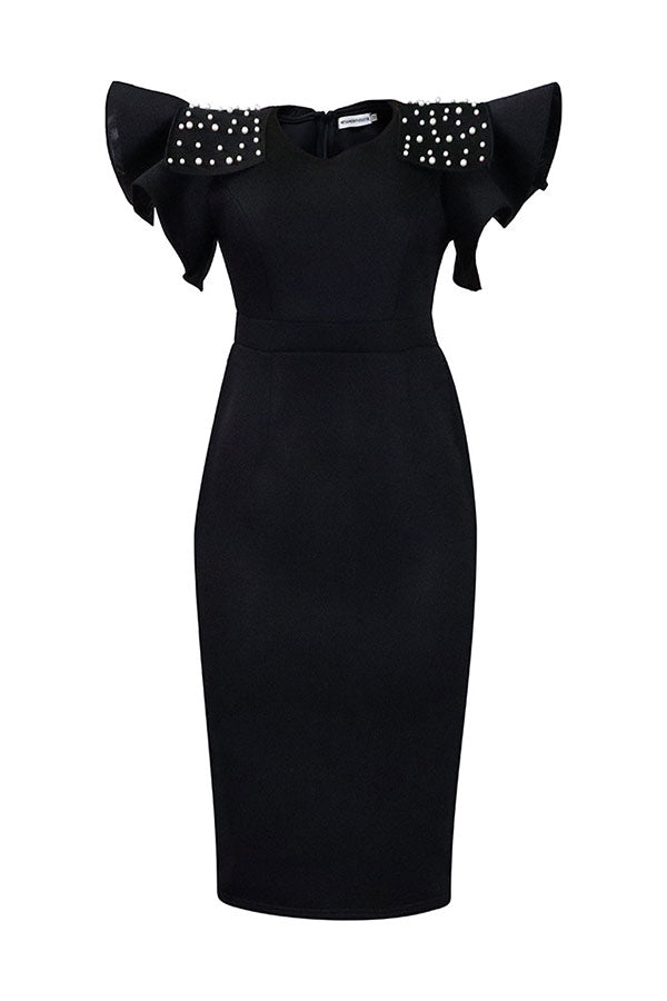 storexq Beaded Decor Elegant Ruffle Sleeve Midi Dress