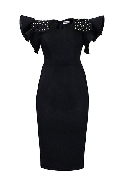 storexq Beaded Decor Elegant Ruffle Sleeve Midi Dress