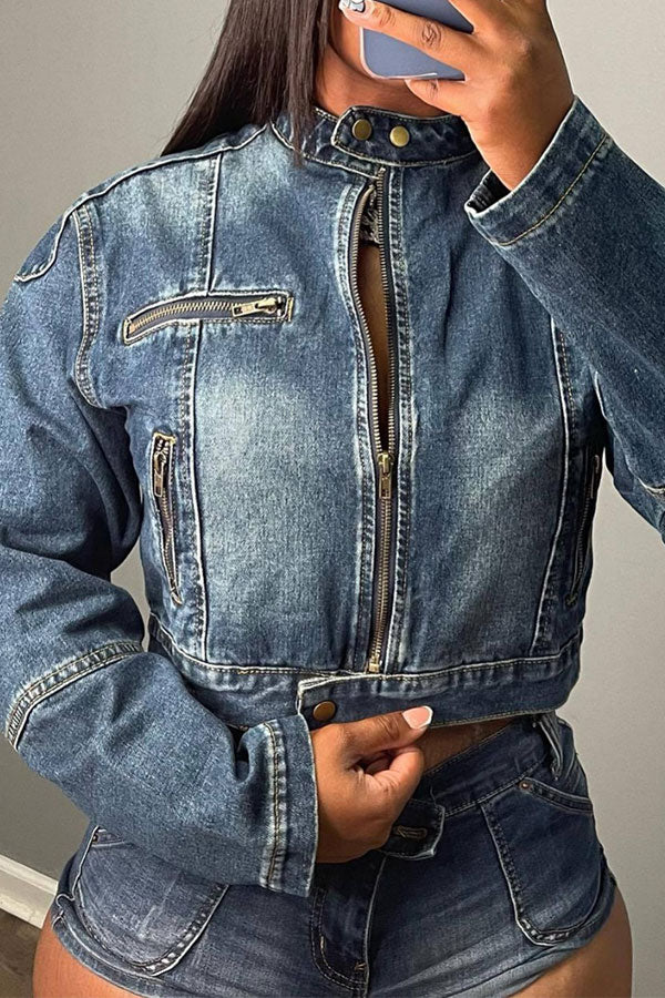 storexq Gradient Denim Casual Zipped Design Pant Suit