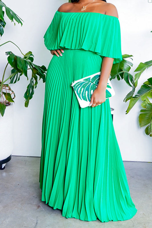 storexq Solid Color Off Shoulder Elegant Pleated Swing Maxi Dress