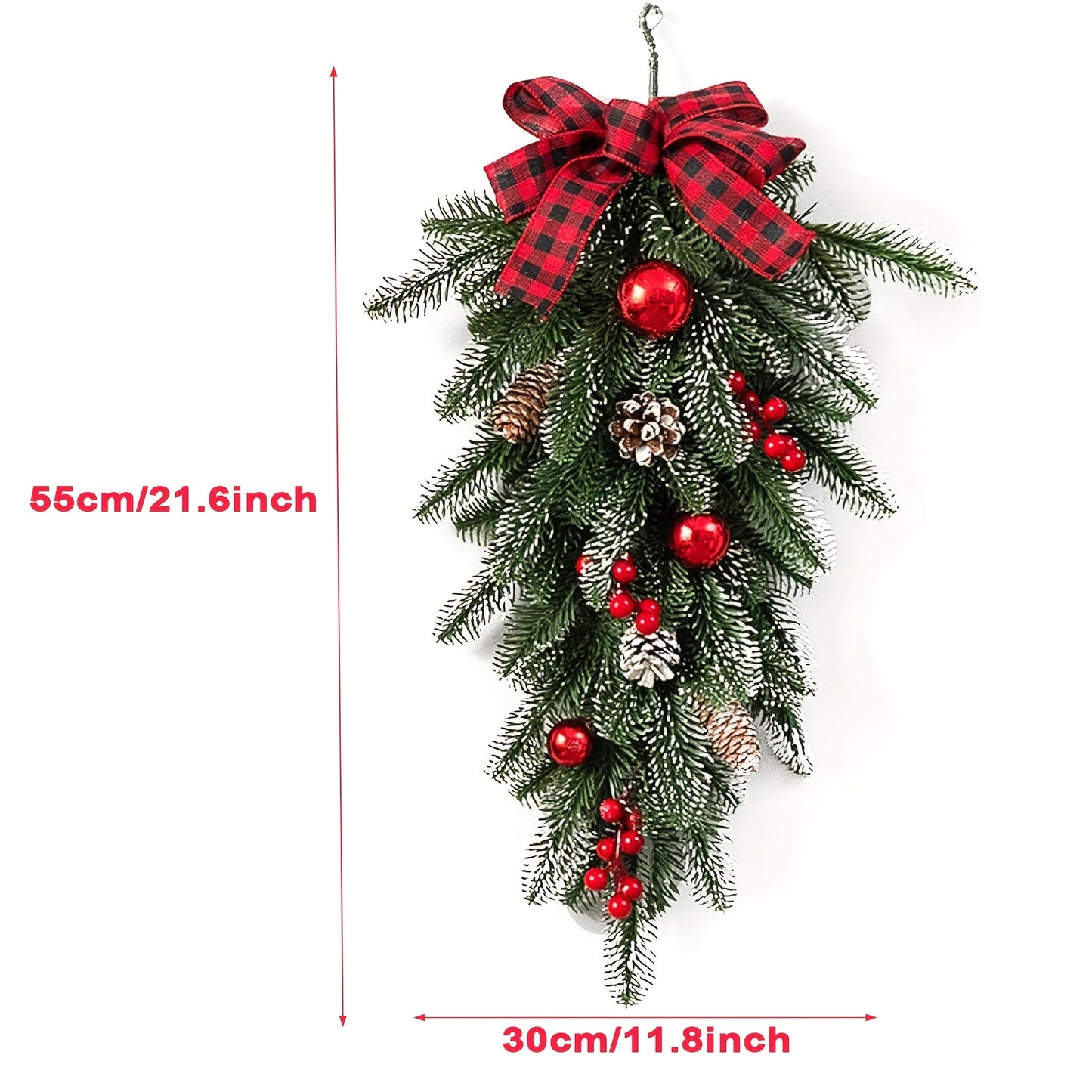 1pc, Artificial Christmas Teardrop Swag Wreath, 21.6 Inches Christmas Pine Cones Red Berries Swag Decoration Teardrop Swag Pendant for Wall Door Window