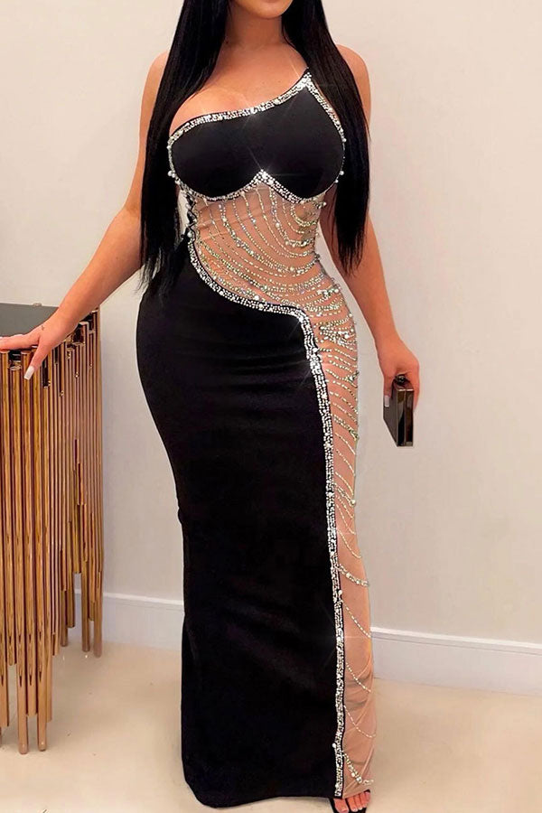 namcoverse Rhinestone Trim Rocking Mesh Patchwork Maxi Dress