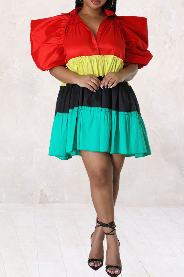 storexq Color Block Cute Tiered Ruffle Mini Dress