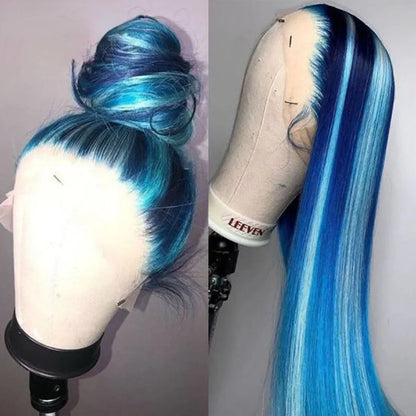 Straight Highlight Blue Lace Frontal Wigs Human Hair Wig For Women Brazilian Glueless Full Lace Front Wig Synthetic Heat Resistant