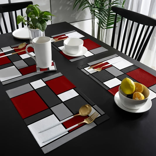 4/6pcs Geometric Linen Placemats - Insulated Kitchen Table Mats with Elegant Home Decor, Perfect for Outdoor Family Picnics, Backyard Gatherings, and Dining Parties - Black, Red, White Colors with Modern Geometric Pattern